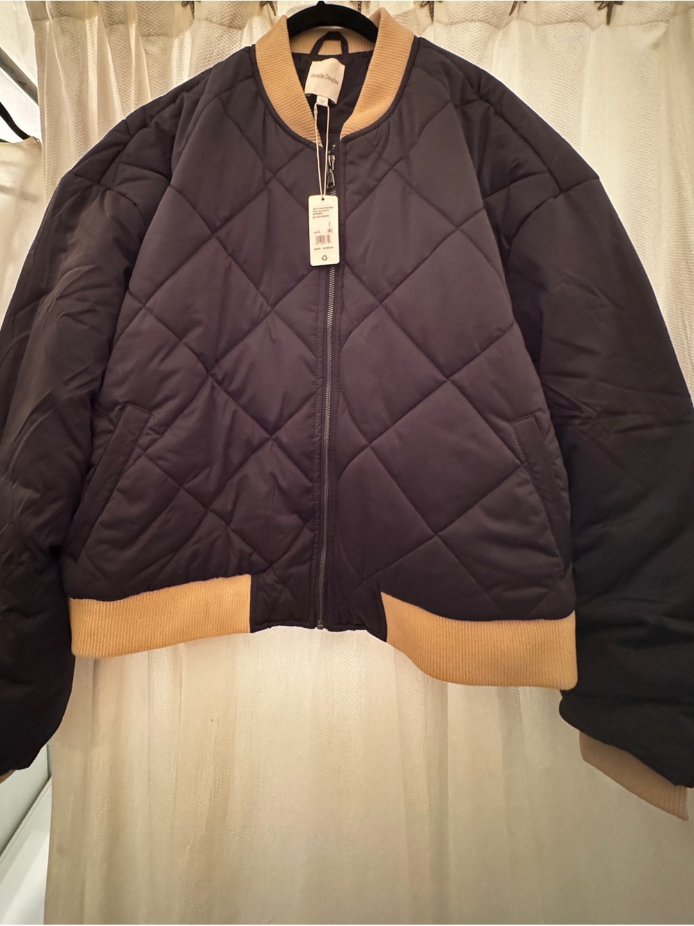 Oversized Quilted Bomber Jacket with Contrast Trim - Black and Camel -